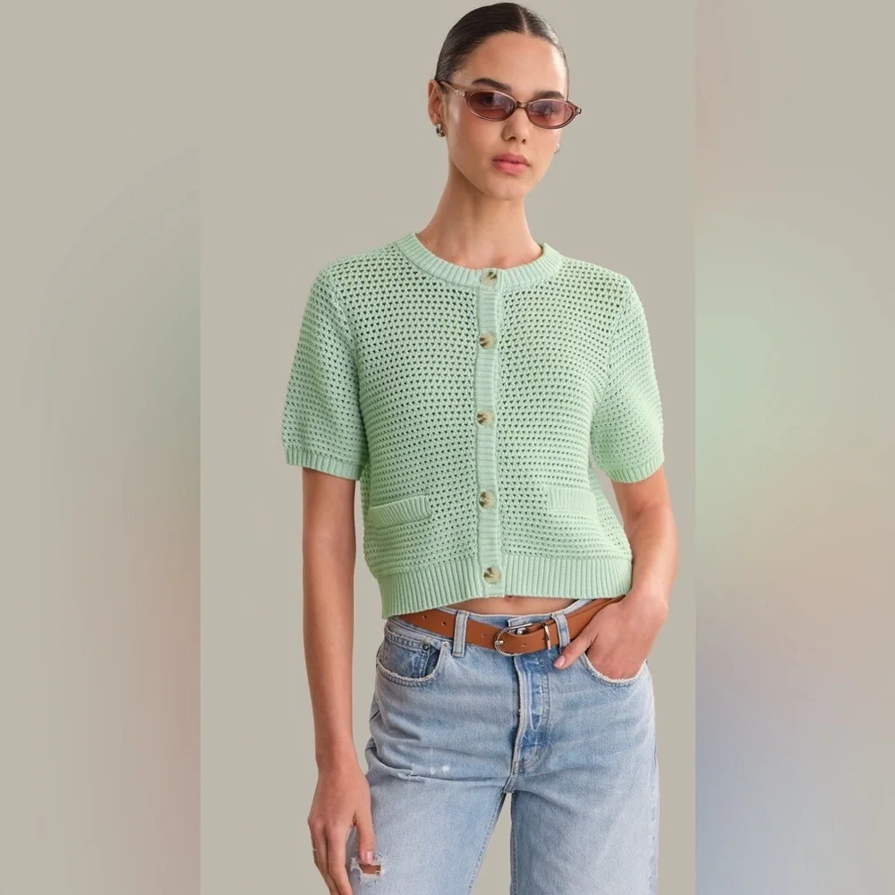CELINE Cotton‎ Cropped Pointelle Cardigan NWOT pink salt